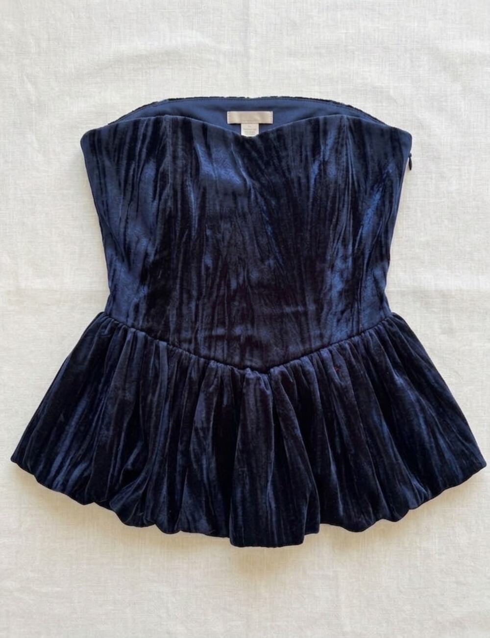 Navy crushed Velvet Peplum Top Strapless Coquette Romancore NWT waist cinch